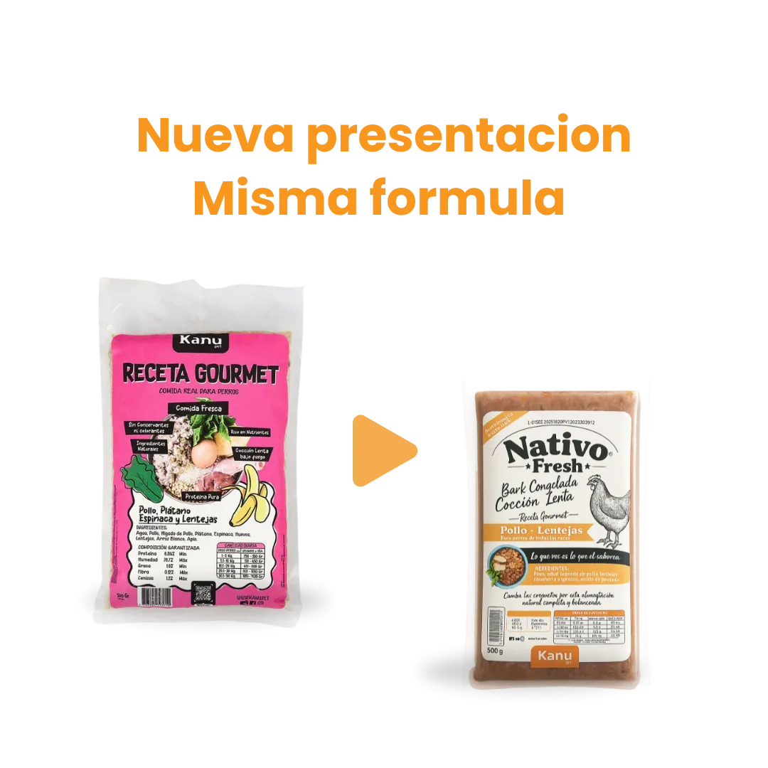 Alimento Congelado Nativo Fresh sabor a Pollo y Lentejas Kanu Pet para Perros. 100% Comida Real