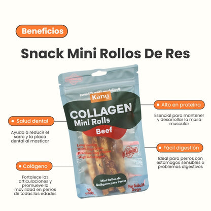 Snack Mini Rolls de Colágeno Kanu Pet de Res para Perro. No es carnaza x 12 Unds