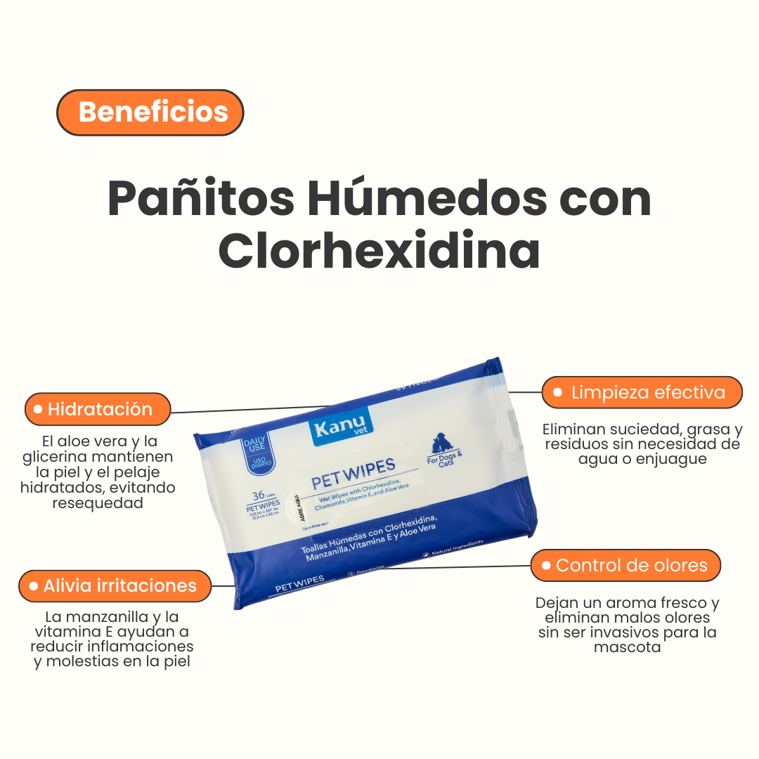 Pañitos Húmedos con Clorhexidina Kanu Vet para Perros y Gatos