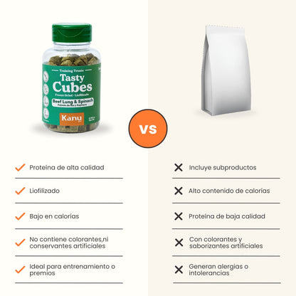 Kanu Pet Tasty Cubes de Espinaca Liofilizada para Perros, Ideales para Entrenar, Bajas en Calorías y Llenas de Sabor